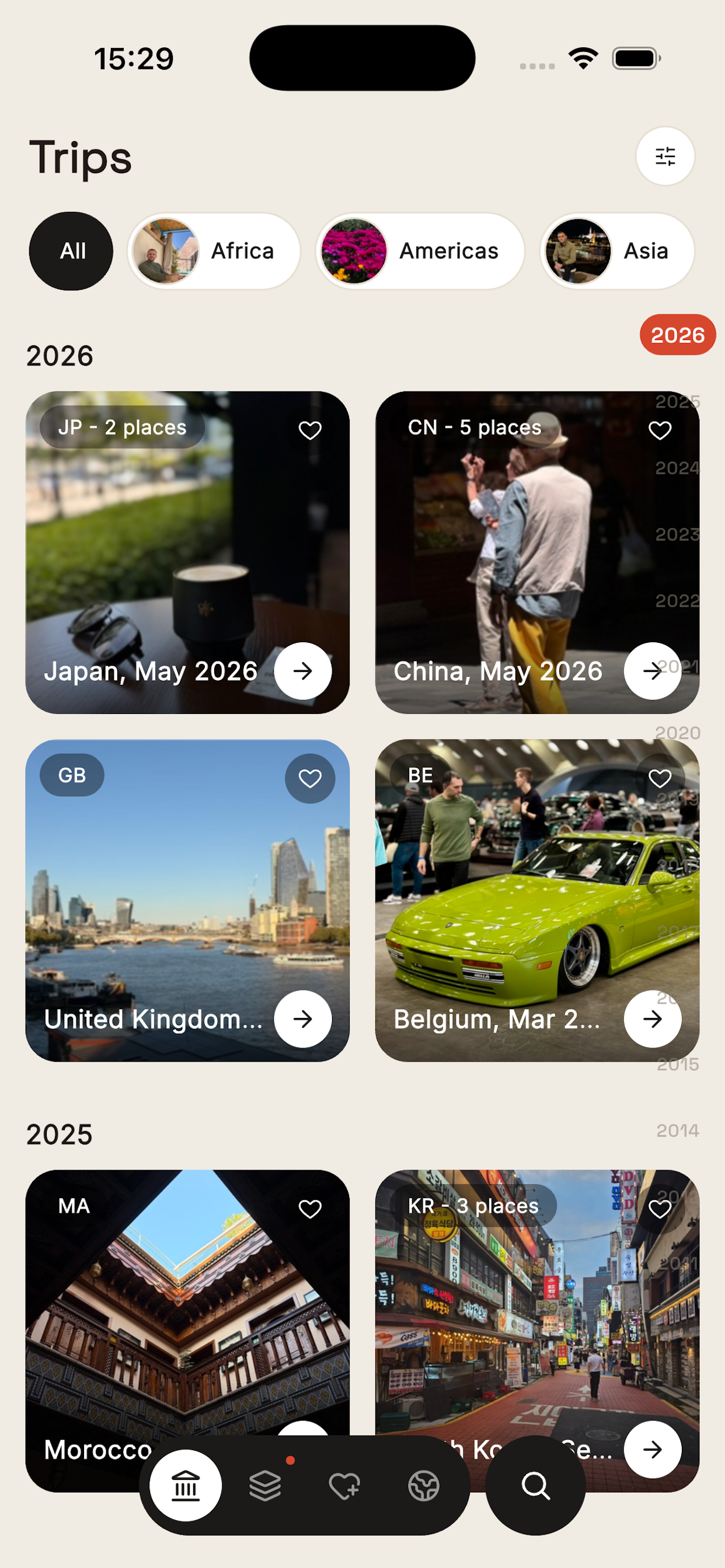 Citybrk trips grid — destinations sorted by year with continent filter chips